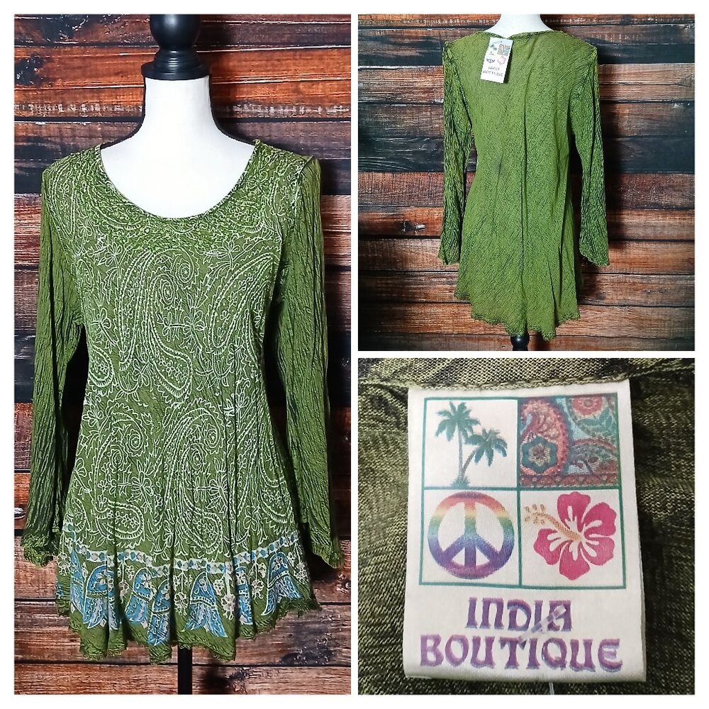 NWT India Boutique Peasant Top Free Size Green Bohemian Sequin Flare Sleeve